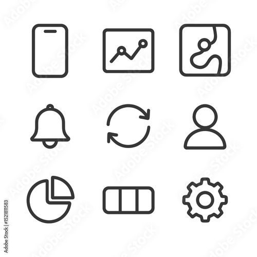 Fitness App Icons. Outline icon set of fitness tracking app UI: smartphone screen, line graph, route map, notification bell, sync