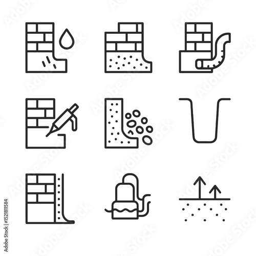 Foundation Protection Icons. Outline icon set of foundation protection: waterproofing, foundation, drainage pipe, sealant, gravel,