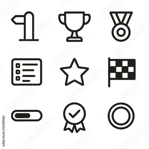 Fitness Icons Grid. Outline icon set of fitness challenges and achievements: milestone marker, trophy cup, medal, leaderboard