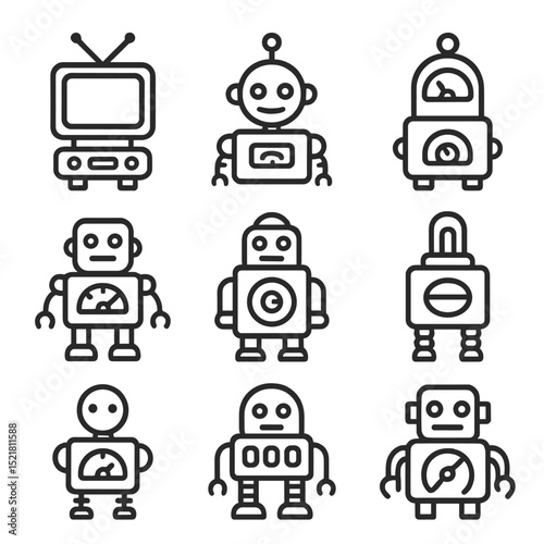 Retro Robot Icons. Outline icon set of retro robot designs: vintage TV head, antenna ball, spring arms, coil legs, dial meter,