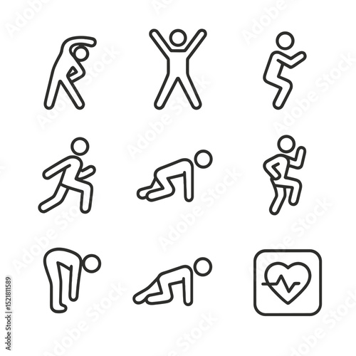 Fitness Routine Icons. Outline icon set of dance fitness routines: warm-up stretch, jumping jack, squat jump, lunge twist,