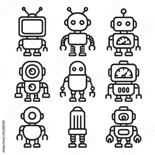 Retro Robot Icons. Outline icon set of retro robot designs: vintage TV head, antenna ball, spring arms, coil legs, dial meter,