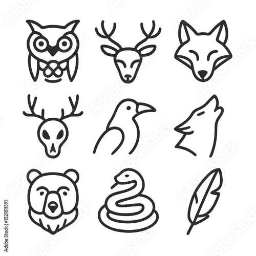 Forest Spirit Icons. Outline icon set of forest spirits: guardian owl, stag with antlers, fox spirit, deer skull, raven guide,
