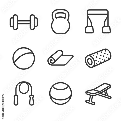Fitness Equipment Icons. Outline icon set of personal training equipment: dumbbell, kettlebell, resistance band, medicine ball,