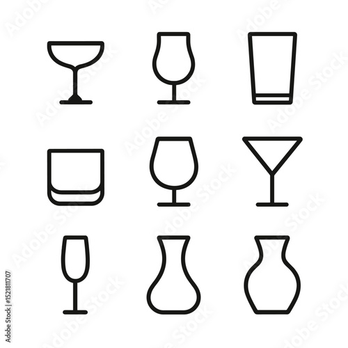 Glassware Icon Set. Outline icon set of glassware styles: coupe glass, tulip glass, highball, lowball, snifter, martini glass,