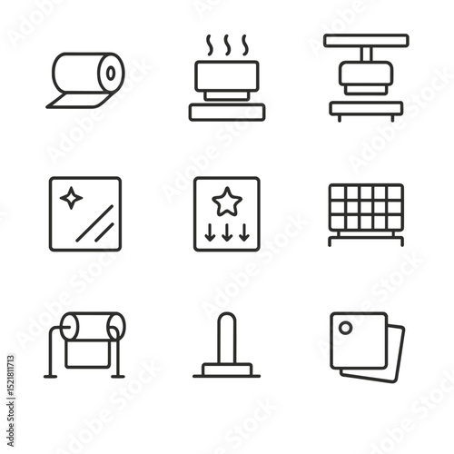 Foil Stamping Icons. Outline icon set of foil stamping finishes: metallic foil roll, heated die, stamping press, mirror finish,