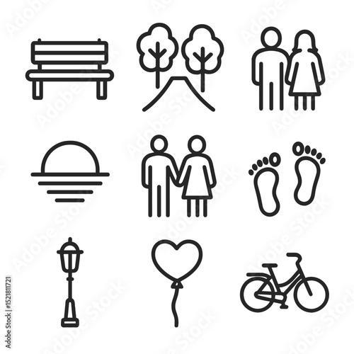 Romantic Icon Set. Outline icon set of Romantic walks: park bench, tree-lined path, couple silhouettes, sunset, hand-in-hand,