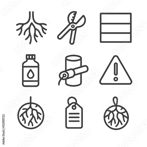 Root Control Icons. Outline icon set of root intrusion control: tree root, root cutter tool, barrier wall, chemical treatment