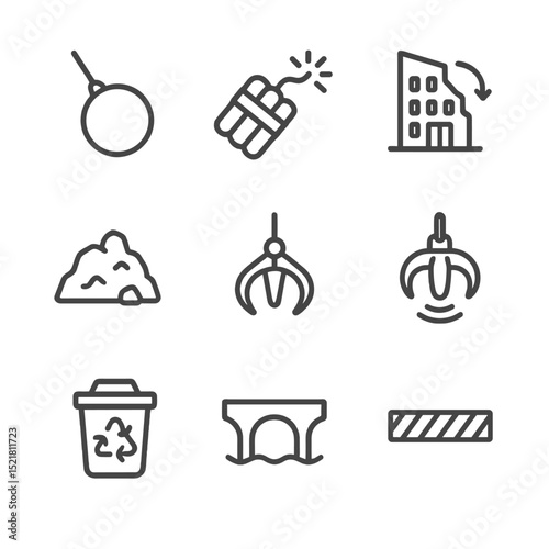 Demolition Icon Set. Outline icon set of demolition and replacement: wrecking ball, explosives charge, controlled collapse outline