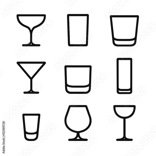 Glassware Icon Set. Outline icon set of glassware collection: coupe glass, highball, lowball, martini glass, whiskey tumbler,