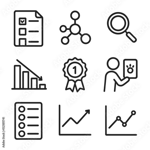 Diagnostic Icon Set. Outline icon set of diagnostic assessment strategies: pre-test form, concept map, magnifier, skill-gap chart,