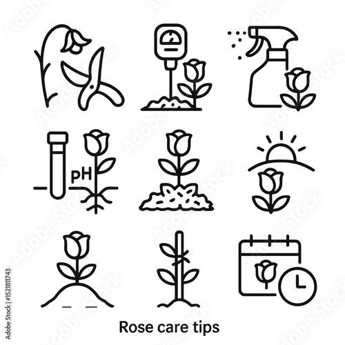 Rose Care Icons. Outline icon set of rose care tips: deadheading shears, moisture meter, fungicide spray, soil pH test, mulch