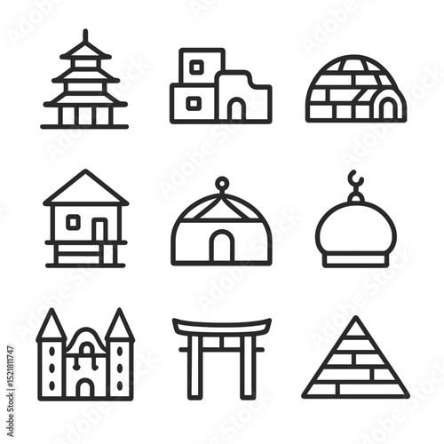 Global Landmarks Icons. Outline icon set of Global architectural landmarks: pagoda, adobe house, igloo, stilt house, yurt, chateau