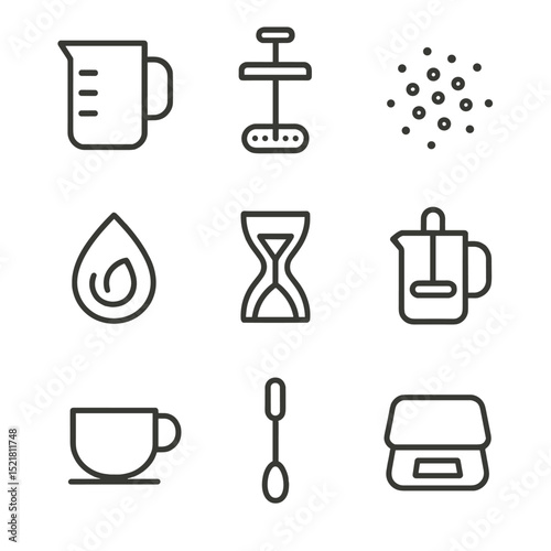 French Press Icons. Outline icon set of French press method: beaker carafe, plunger mesh, coarse grounds, hot water swirl, steep