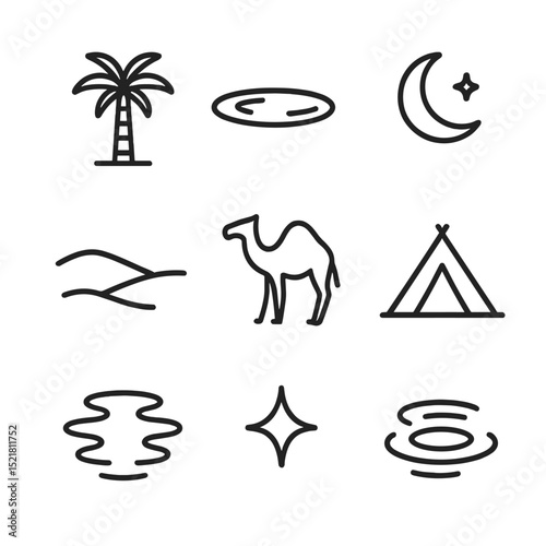 Desert Oasis Icon Set. Outline icon set of desert oasis at night: palm tree, oasis pool, moon arc, star icon, sand dune line,