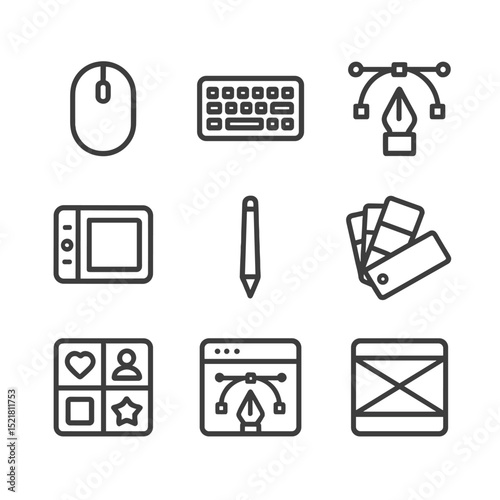 Design Tools Icons. Outline icon set of design tools: computer mouse, keyboard, vector editor, tablet, stylus, color swatch, icon