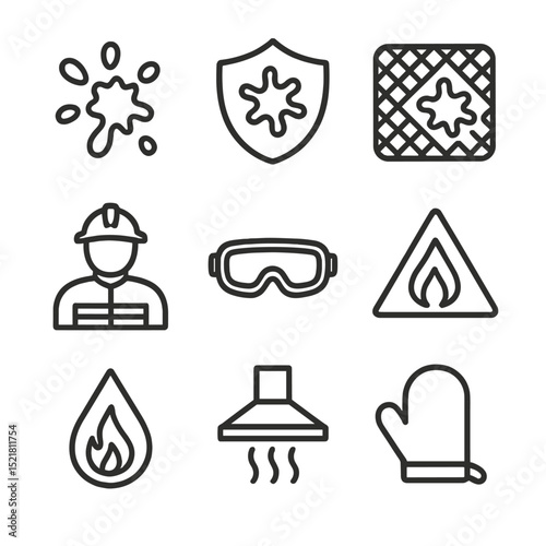 Grease Safety Icon Set. Outline icon set of grease splatter and safety: splash droplets, shield barrier, oil screen guard,