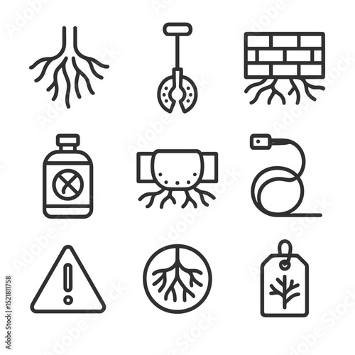 Root Control Icons. Outline icon set of root intrusion control: tree root, root cutter tool, barrier wall, chemical treatment