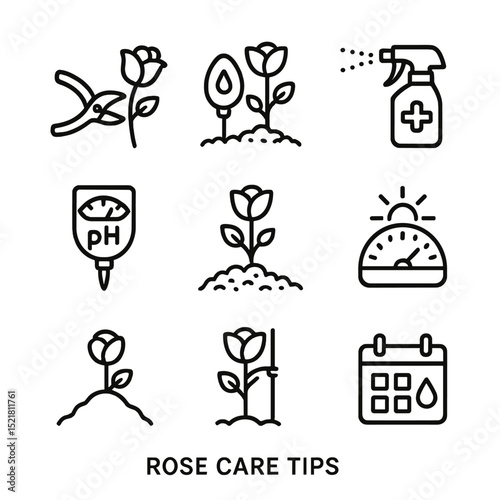 Rose Care Icons. Outline icon set of rose care tips: deadheading shears, moisture meter, fungicide spray, soil pH test, mulch