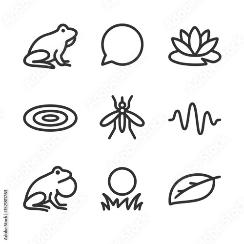 Frog Call Icons. Outline icon set of frog croaking and calls: frog silhouette, croak bubble, pond lily, water ripple, night insect