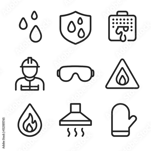 Grease Safety Icon Set. Outline icon set of grease splatter and safety: splash droplets, shield barrier, oil screen guard,