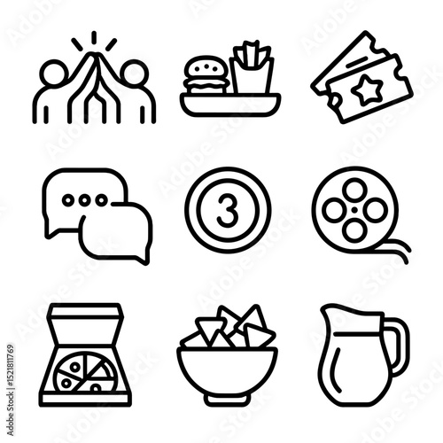 Friends Movie Night Icons. Outline icon set of friends movie marathon: group high-five, snack tray, movie tickets, group chat