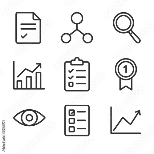 Diagnostic Icon Set. Outline icon set of diagnostic assessment strategies: pre-test form, concept map, magnifier, skill-gap chart,