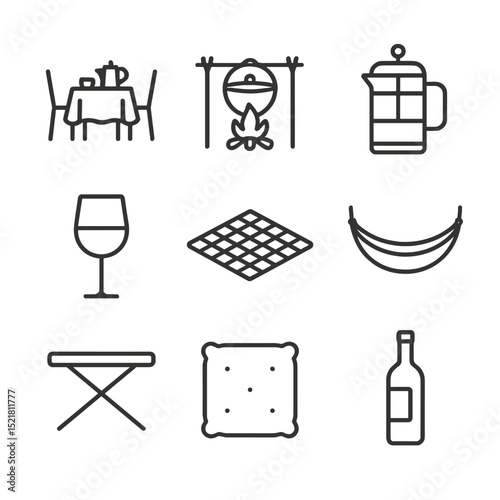 Safari Dining Icons. Outline icon set of safari dining and relaxation: bush breakfast table, campfire cooking pot, french press,