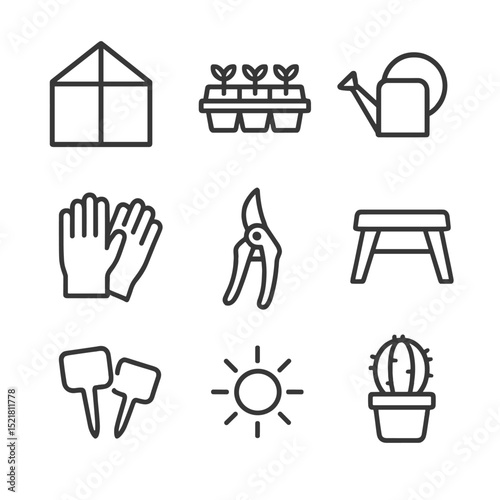 Greenhouse Icon Set. Outline icon set of greenhouse window seats: greenhouse pane, seedling tray, watering can, gardening gloves,