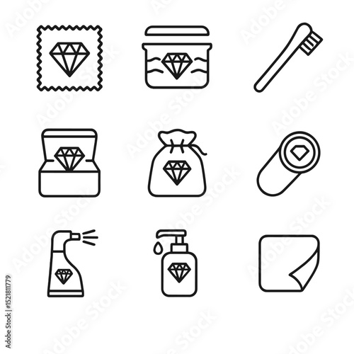 Diamond Care Icons. Outline icon set of diamond care and maintenance: polishing cloth, ultrasonic cleaner, jeweler’s brush,