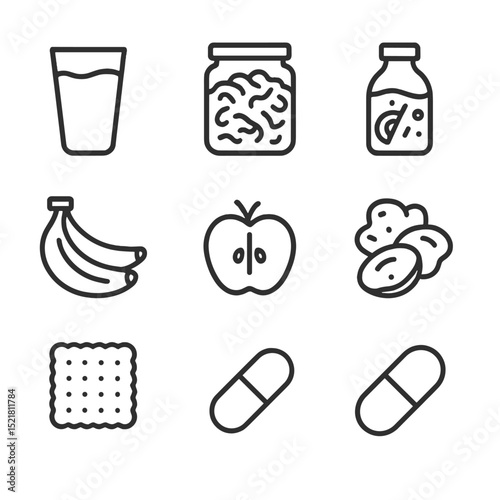 Gut Health Icons. Outline icon set of gut health foods: kefir glass, sauerkraut jar, kimchi cup, kombucha bottle, banana bunch,
