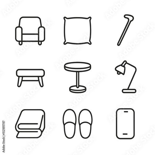 Furniture and Mobility Icons. Outline icon set of furniture and mobility combination: chair armrest, cushion, walking cane,
