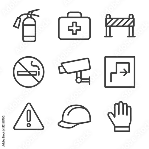 Safety Icons Grid. Outline icon set of safety and venue regulations: fire extinguisher, first aid kit, safety barrier, no smoking