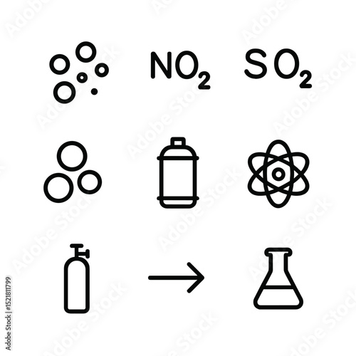 Haze Chemical Icons. Outline icon set of haze chemical composition: particulate matter, NO₂ molecule, SO₂ molecule, ozone symbol,