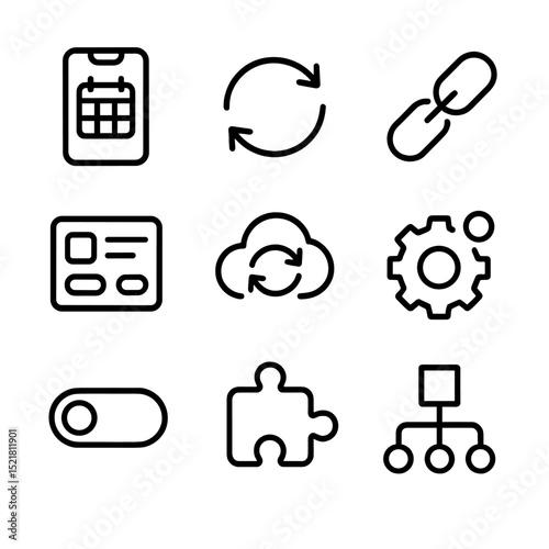 Scheduling Apps Icon Set. Outline icon set of scheduling apps and integrations: smartphone calendar, sync arrows, API link, widget
