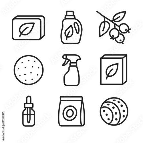Eco Detergent Icons. Outline icon set of eco-friendly detergents: biodegradable soap block, plant-based bottle, soap-nut branch,