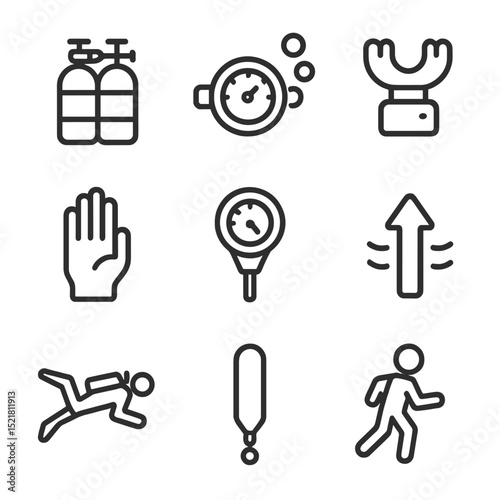 Scuba Diving Safety Icons. Outline icon set of scuba dive gasp malfunction: scuba tank, regulator, mouthpiece, escaping bubbles,
