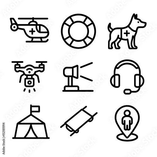 Search and Rescue Icons. Outline icon set of search and rescue coordination: rescue helicopter, lifebuoy ring, SAR dog silhouette,