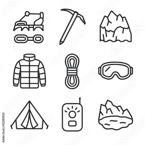 Glacier Trekking Icons. Outline icon set of glacier and ice-field trekking: crampon, ice axe, glacier face, thermal jacket, guide