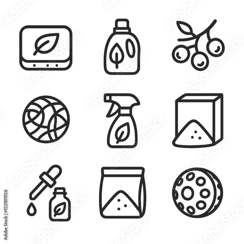 Eco Detergent Icons. Outline icon set of eco-friendly detergents: biodegradable soap block, plant-based bottle, soap-nut branch,