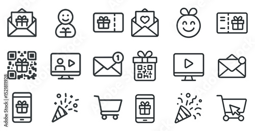 Gift icons set for online shopping and digital communication