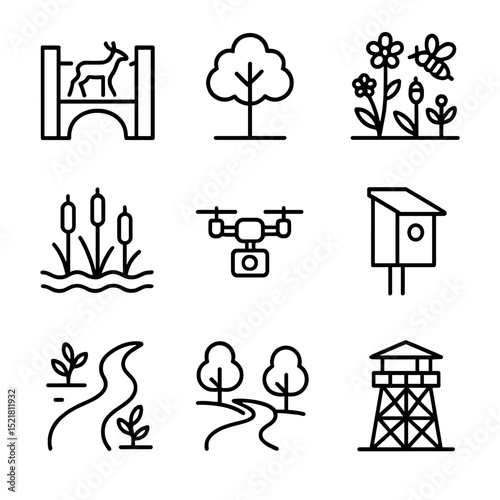 Eco-Utopian Icon Set. Outline icon set of eco-utopian wildlife preserve: animal corridor, native tree, pollinator garden, wetland