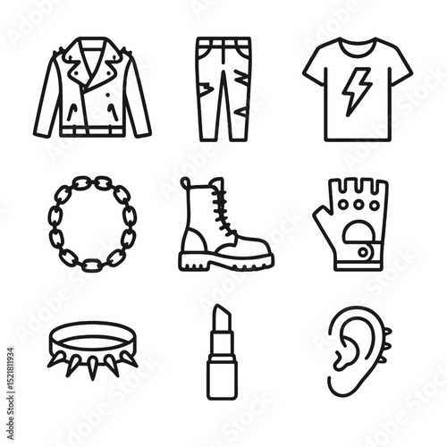 Glam Rock Icon Set. Outline icon set of glam rock party looks: studded leather jacket, ripped skinny jeans, band tee, combat boot,