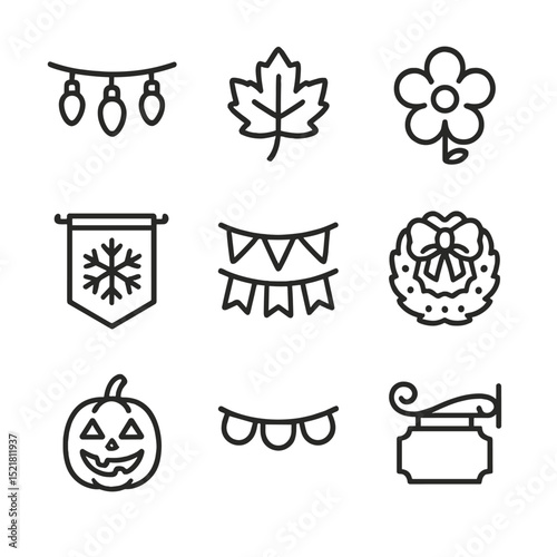 Seasonal Icon Grid. Outline icon set of seasonal street decorations: string lights, autumn leaf, spring blossom, snowflake banner,