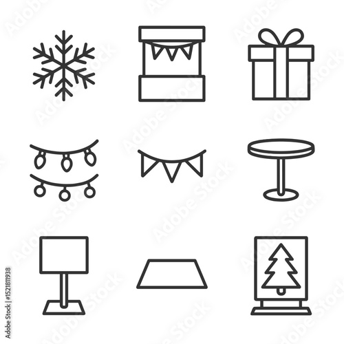 Seasonal Display Icon Set. Outline icon set of seasonal promotional display stand: snowflake cutout, festive banner, gift box prop