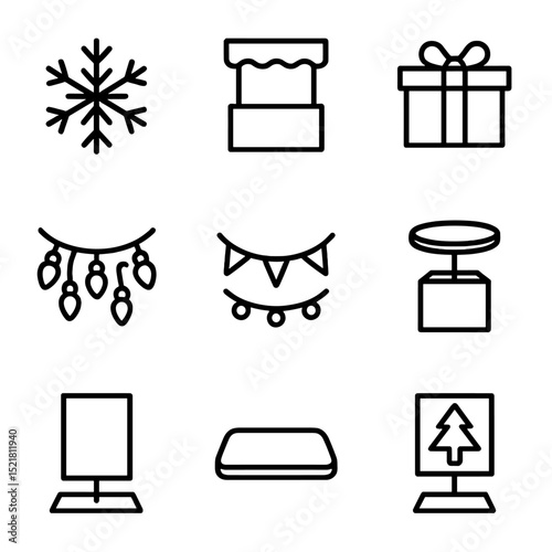 Seasonal Display Icon Set. Outline icon set of seasonal promotional display stand: snowflake cutout, festive banner, gift box prop