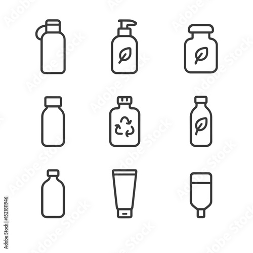 Eco-Friendly Bottles Icons. Outline icon set of eco-friendly bottle collection: refillable shampoo bottle, biodegradable pump,