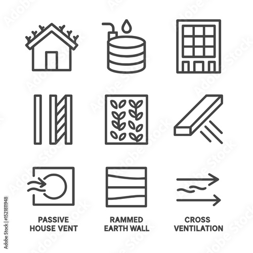Green Architecture Icons. Outline icon set of green architecture details: green roof, rainwater harvesting tank, solar panel