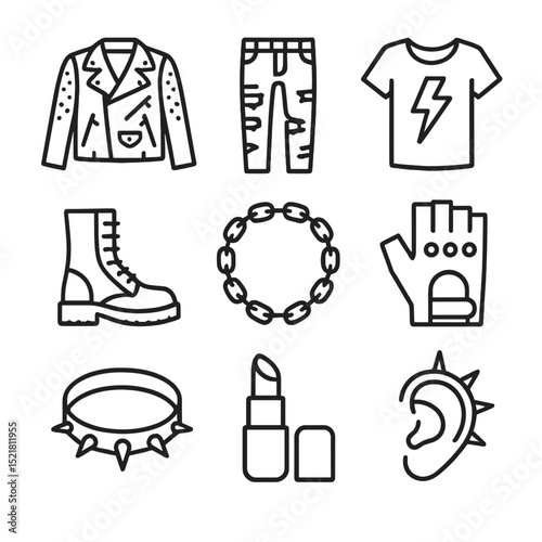 Glam Rock Icon Set. Outline icon set of glam rock party looks: studded leather jacket, ripped skinny jeans, band tee, combat boot,