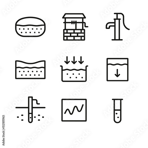 Groundwater Recharge Icons. Outline icon set of groundwater recharge: aquifer silhouette, well head, pump icon, water table,